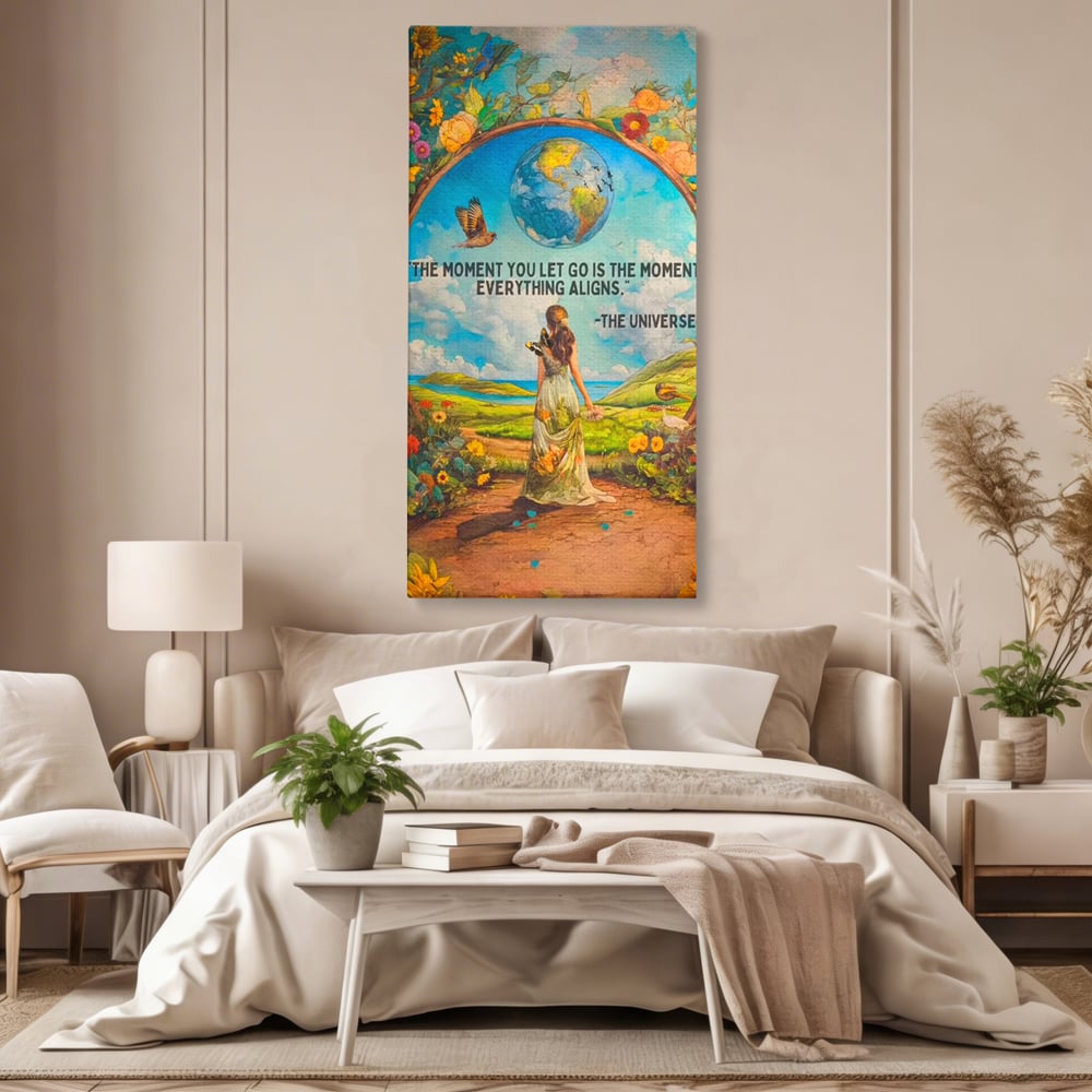 Tablou canvas cu tablou canvas cu femeie pe poteca si glob pamantesc, fara rama, pe sasiu de lemn, pe perete intr-un dormitor